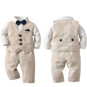 Stylish Tan Plaid Baby Suit with Bow Tie